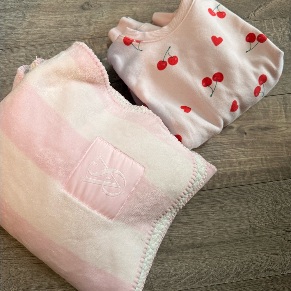 Cherry Print oversized sweatshirt  - Pink with Victoria secret fleece blanket